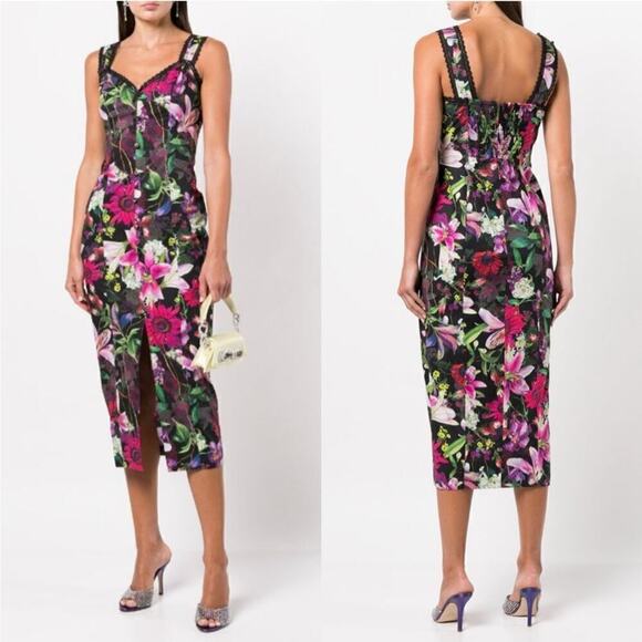 51. Marchesa Notte Midi Dress Womens 2 Fairy Coquette Floral Feminine Cocktail - Picture 1 of 12